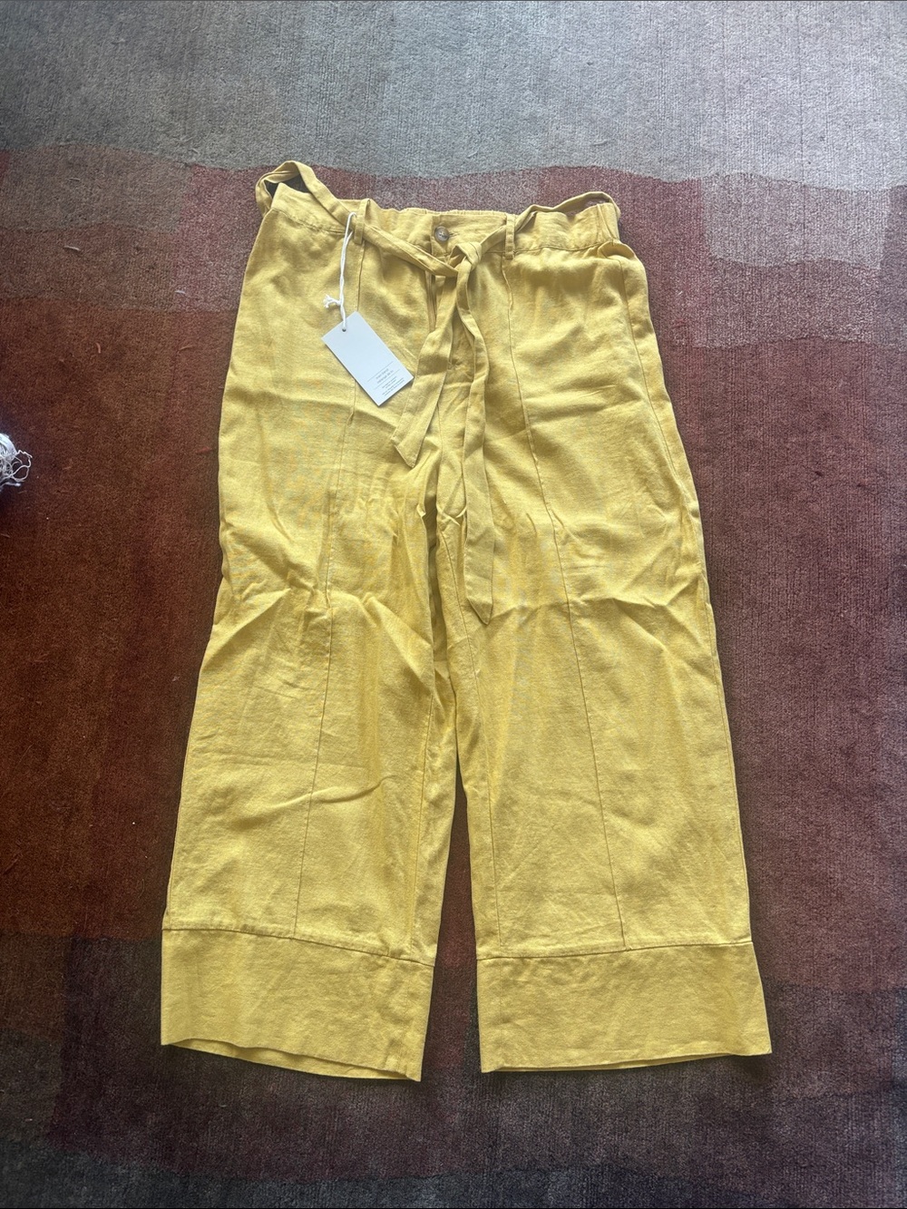 NWT - Joie Mustard Yellow Linen Blend Wide Leg Cropped Tie Waist Pants - Sz L